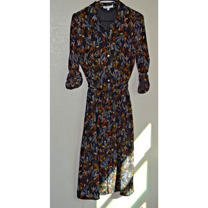 DR2 by Daniel Rainn Floral Shirt Dress Button Up Tie Roll Tab Sleeve Small Lined